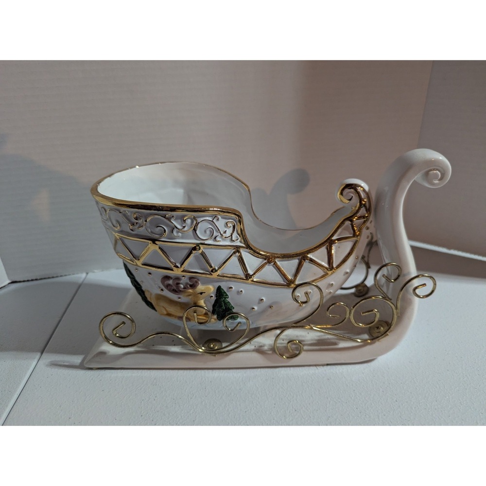 Sleigh Holiday Ceramic Christmas‎ Kmart Deer Trees & Gold Trim 10 x 6.5" Vintage